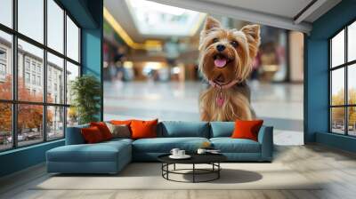 Beautiful yorkie dog at a pet friendly mall Close-up on a beautiful yorkie dog at a shopping center â pet friendly concepts Wall mural